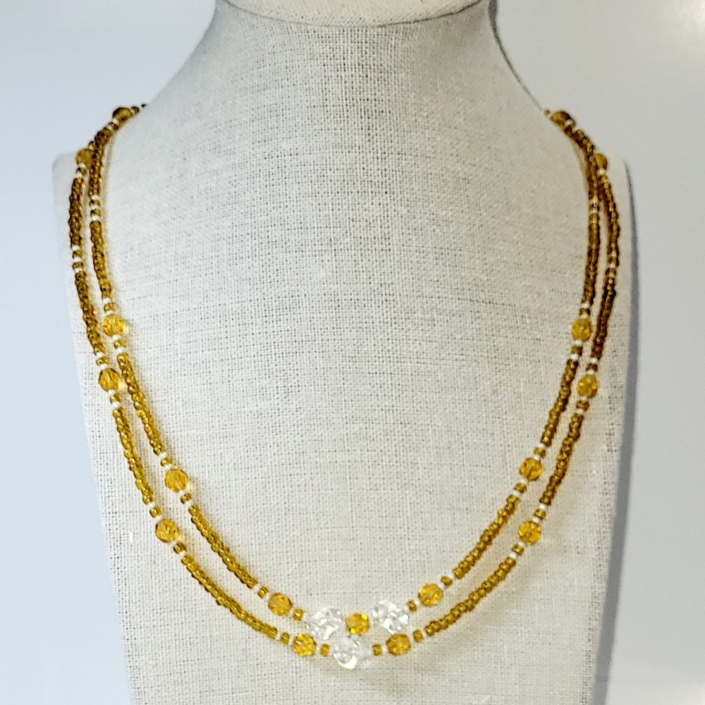 Crystal & Amber Glass Bead Double Strand Fine Necklace, Handmade, New